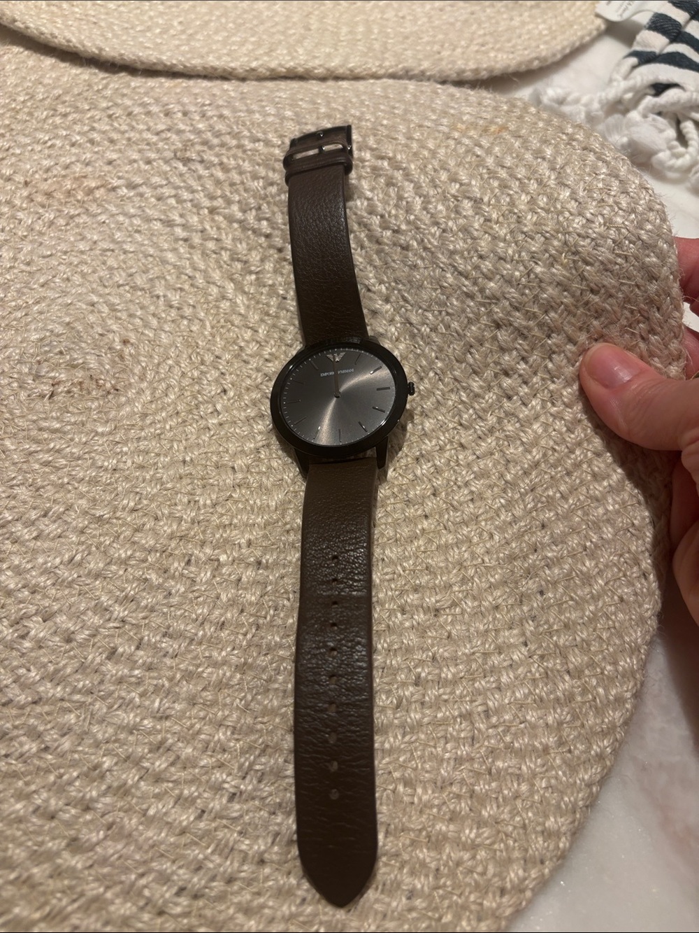 Emporio Armani Brown Leather Strap Watch with Silver Sunburst Dial